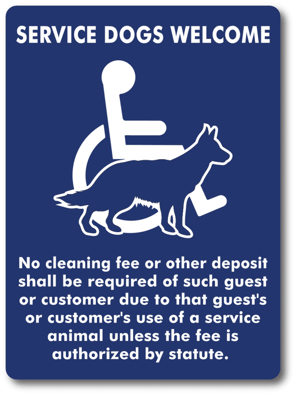 ADA-1225 Hotel or Motel Service Dogs Welcome Cleaning Fee Policy ADA Sign - Blue