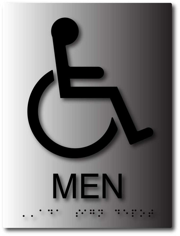 BAL-1040 Mens Bathroom ADA Sign with Wheelchair Symbol - Brushed Aluminum - Black