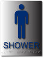 Mens Shower Tactile Sign with Braille on Brushed Aluminum - 6" x 8" thumbnail