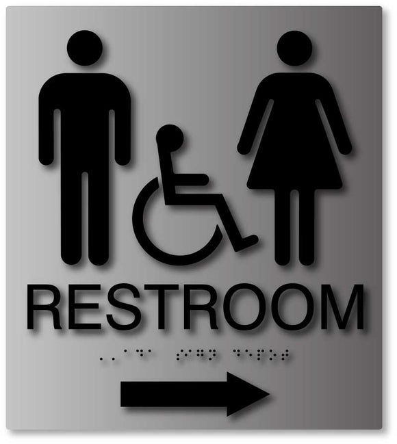 BAL-1088 Unisex Wheelchair Access Restroom Direction Sign in Brushed Aluminum Black