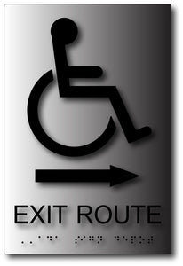BAL-1091 Wheelchair Accessible Exit Route Sign with Arrow on Brushed Aluminum - Black