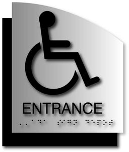 BAL-1137 Wheelchair Entrance Signs on Brushed Aluminum with Curved Back Plate - Black