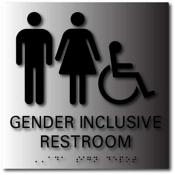 BAL-1167 Gender Inclusive Wheelchair Access Bathroom Signs Black on Brushed Aluminum