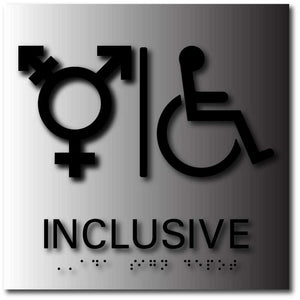 BAL-1172 Inclusive Bathroom Signs with All Genders and Wheelchair Symbols Black on Brushed Aluminum
