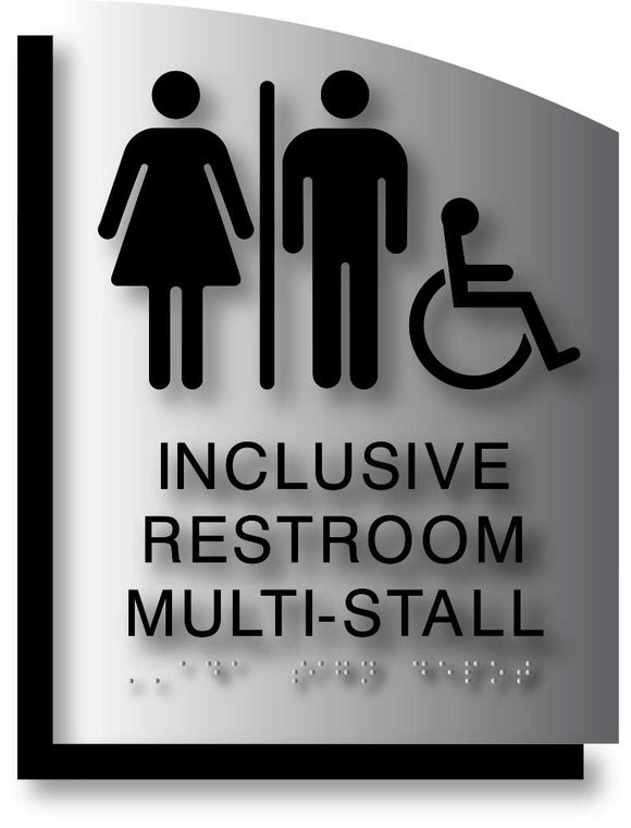 BAL-1180 Wheelchair Accessible Inclusive Restroom Multi-Stall ADA Signs Black on Brushed Aluminum