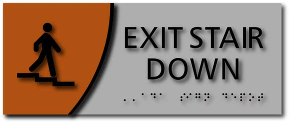 Exit Stair Down Signage with Braille on Brushed Aluminum and Wood Laminates