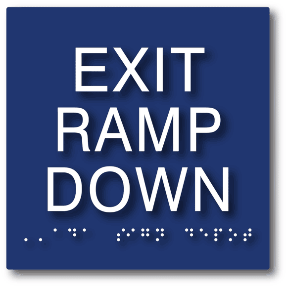 ADA-1017 Exit Ramp Down Sign with Tactile Text and Grade 2 Braille in Blue