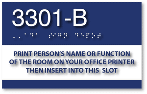 ADA-1121 Custom ADA Compliant Room Identification Sign with Name Insert Slot - Blue