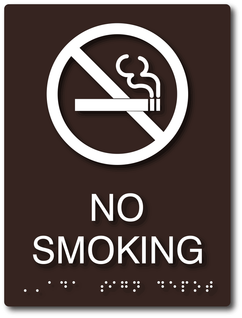 No Smoking Sign with No Smoking Symbol, Letters and Braille White on Dark  Brown
