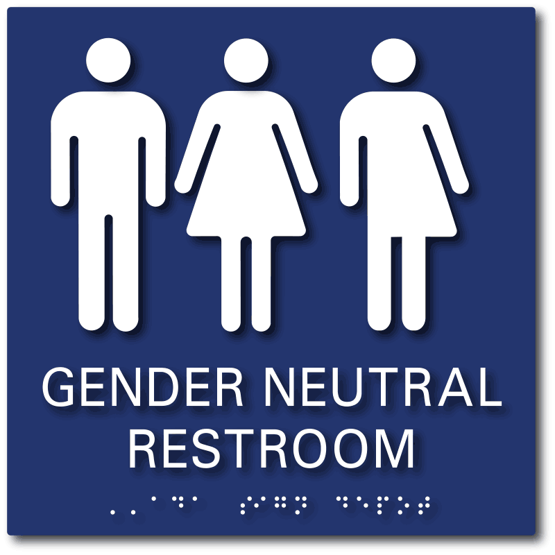 Gender Neutral Bathroom Signs with All Gender Symbols White on Blue