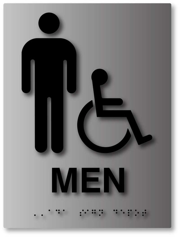 BAL-1012 Men's Wheelchair Accessible Bathroom Sign in Brushed Aluminum - Black