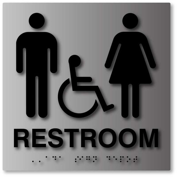 BAL-1014 Brushed Aluminum Unisex Wheelchair Accessible Restroom Sign Black