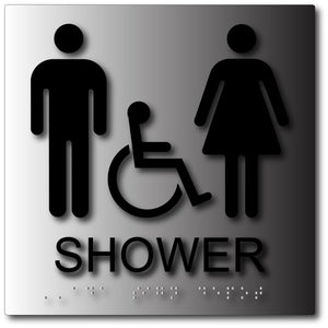 BALL-1057 Unisex Shower ADA Sign Black on Brushed Aluminum