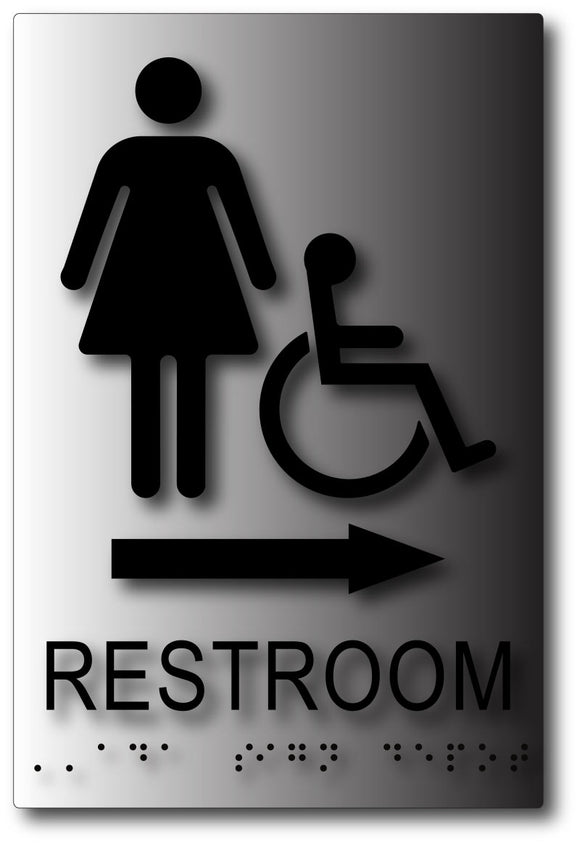 BAL-1087 Women's Wheelchair Accessible Restroom Sign Arrow on Brushed Aluminum Black