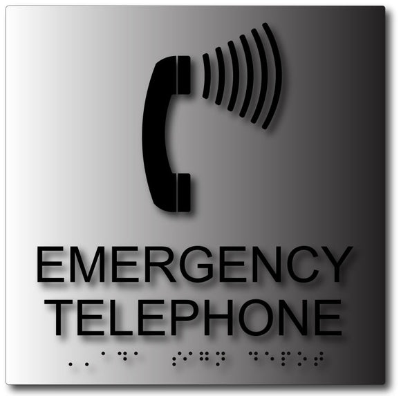BAL-1092 Emergency Telephone Sign in Brushed Aluminum with Braille - Black