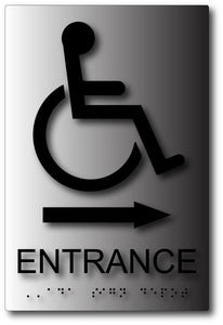 BAL-1107 Wheelchair Symbol Entrance Sign with Arrow on Brushed Aluminum - Black