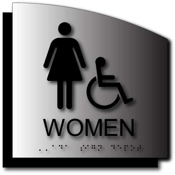 BAL-1110 Women Only Wheelchair Accessible Bathroom Sign in Brushed Aluminum Black
