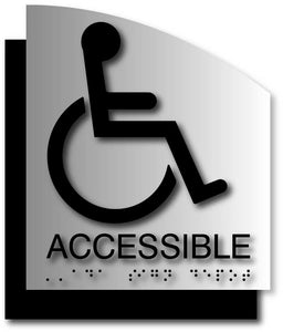 BAL-1128 Wheelchair Accessible Signs on Brushed Aluminum with Curved Back Plate - Black