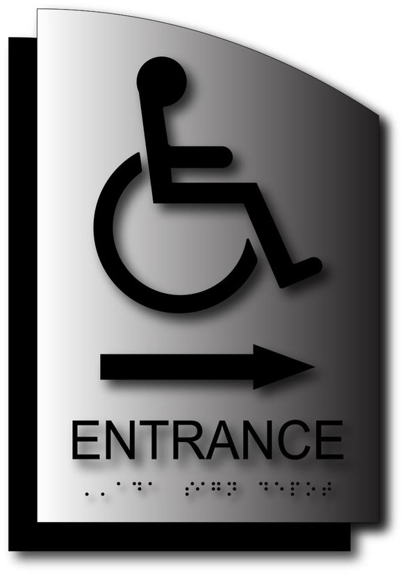 BAL-1129 Wheelchair Entrance Sign with Direction Arrow Sign on Brushed Aluminum - Black