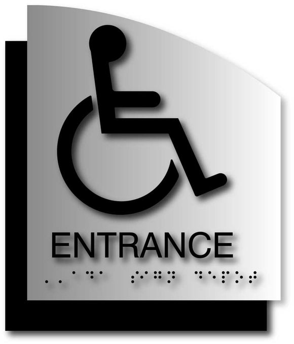 BAL-1137 Wheelchair Entrance Signs on Brushed Aluminum with Curved Back Plate - Black