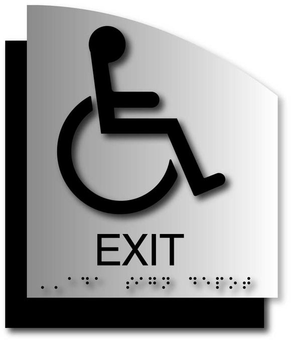 BAL-1138 Wheelchair Exit ADA Signs in Brushed Aluminum with Curved Back Plate - Black