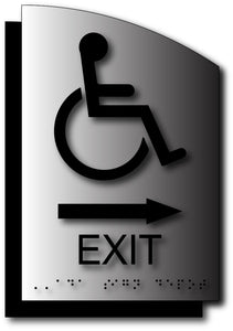 BAL-1141 Wheelchair Exit Sign with Direction Arrow on Curved Brushed Aluminum - Black