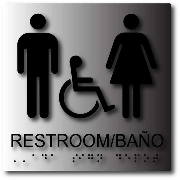BAL-1142 Bilingual Unisex Wheelchair Accessible Restroom Baño ADA Signs - Black