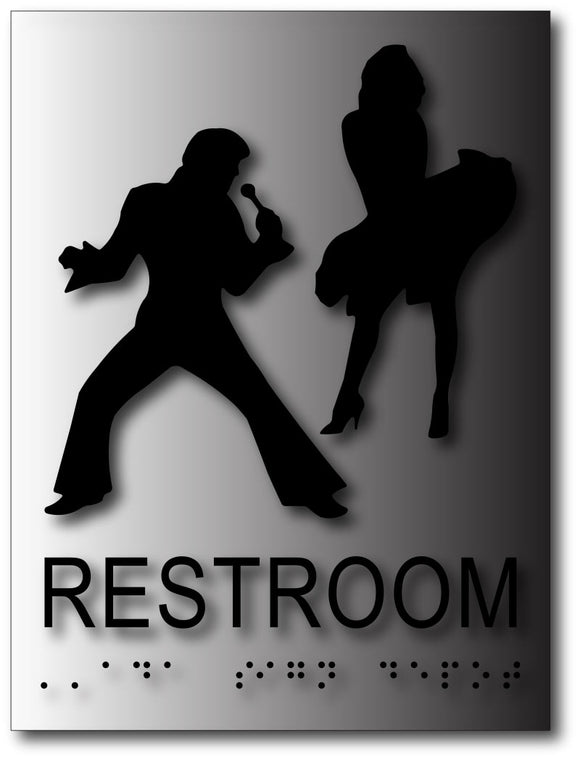 BAL-1147 Elvis Presley and Marilyn Monroe Restroom Signs Black on Brushed Aluminum