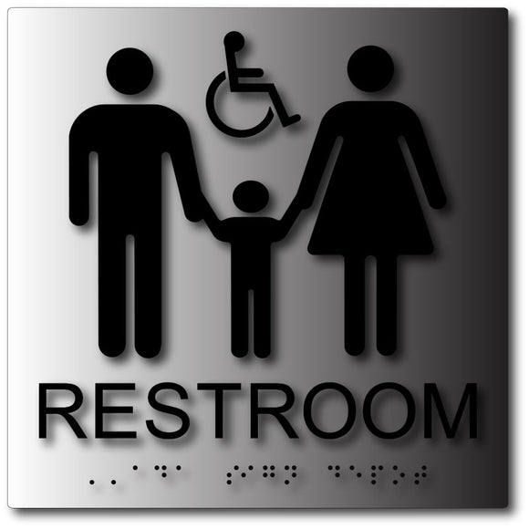 BAL-1161 Family and Wheelchair Accessible Unisex Restroom Sign in Brushed Aluminum Black