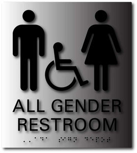 BAL-1166 All Gender Wheelchair Accessible Restroom Signs Black on Brushed Aluminum