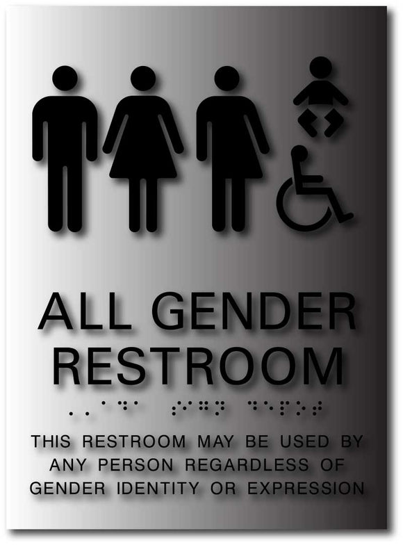 BAL-1173 All Gender Restroom Signs with All Gender Symbols Black on Brushed Aluminum