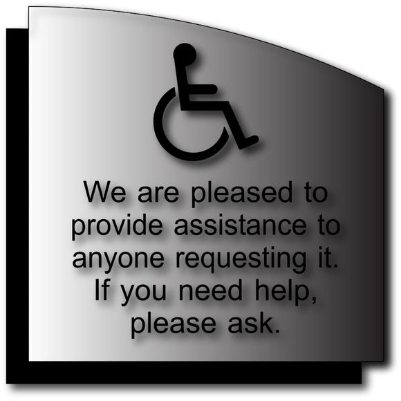 BWL-1007 ADA Wheelchair Customer Assistance Sign - Brushed Aluminum & Back Plate - Black