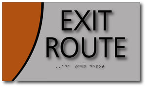 Exit Route Sign on Brushed Aluminum and Wood Laminates with Braille