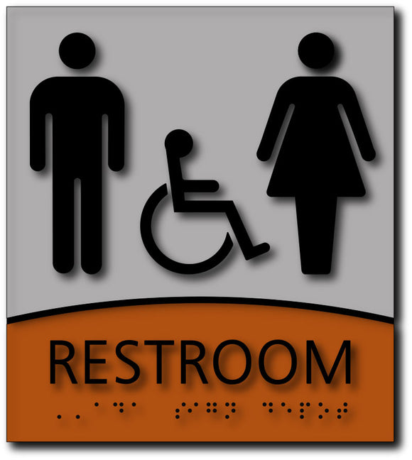 BWL-1022 Male, Female, Wheelchair Symbols Restroom Sign - Brushed Aluminum/Wood - Black