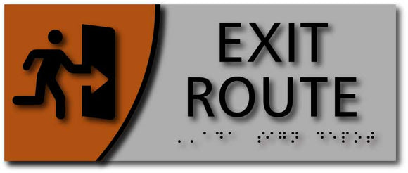 Exit Route Signs with Braille on Brushed Aluminum and Wood Laminates