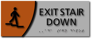 Exit Stair Down Signage with Braille on Brushed Aluminum and Wood Laminates
