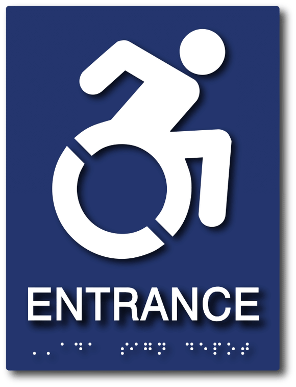 Accessible Entrance ADA Sign with Dynamic Wheelchair Symbol in Blue