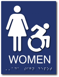 Women's Restroom Sign with Dynamic Wheelchair Symbol of Accessibility in Blue