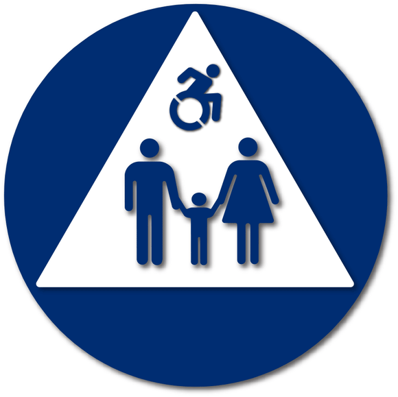 Unisex Family Restroom Door ADA Sign with Dynamic Wheelchair Symbol - Blue